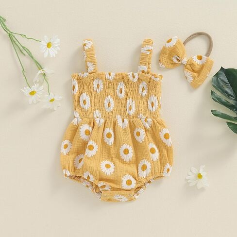 Hoanselay Baby Girl Summer Clothes Daisy Sleeveless Smocked Bubble Romper Cotton Linen Bodysuit Jumpsuit Newborn Girl Outfit in Saudi Arabia