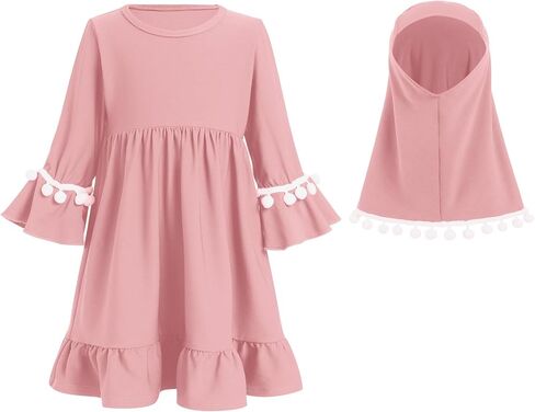 OBEEII Toddler Baby Girl Abaya Dress with Hijab Long Sleeve Smocked Dress Islamic Dubai Full Cover Modest Muslim Dress in Saudi Arabia