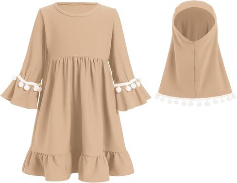 OBEEII Toddler Baby Girl Abaya Dress with Hijab Long Sleeve Smocked Dress Islamic Dubai Full Cover Modest Muslim Dress in Saudi Arabia