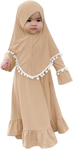 OBEEII Toddler Baby Girl Abaya Dress with Hijab Long Sleeve Smocked Dress Islamic Dubai Full Cover Modest Muslim Dress in Saudi Arabia