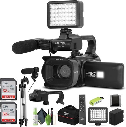 مجموعة كاميرا الفيديو Minolta MN4KPRO 4K60FPS Ultra HD / 64 MP Autofocus Pro مع حزمة WiFi مع الملحقات in Kuwait