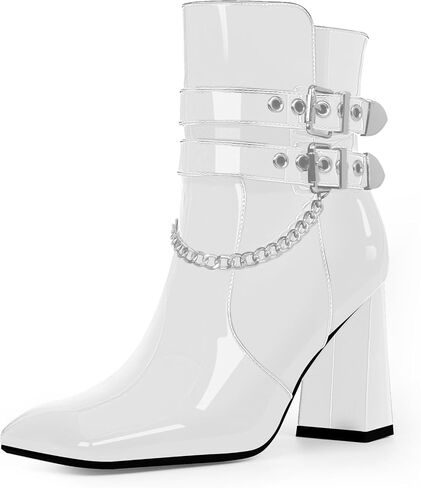 Women's Goth Chain Chunky High Heel Ankle Boots Square Toe Buckle Strap Booties in Saudi Arabia