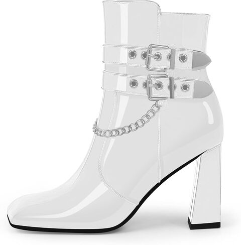 Women's Goth Chain Chunky High Heel Ankle Boots Square Toe Buckle Strap Booties in Saudi Arabia