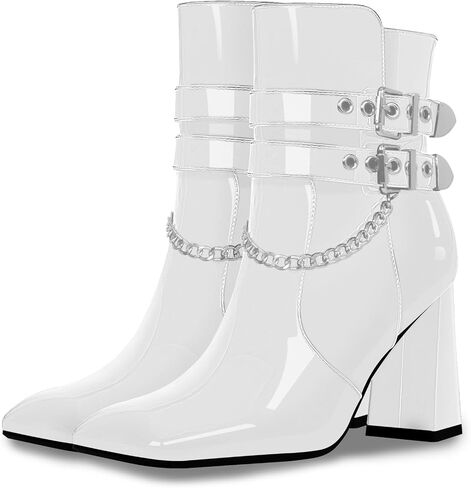 Women's Goth Chain Chunky High Heel Ankle Boots Square Toe Buckle Strap Booties in Saudi Arabia