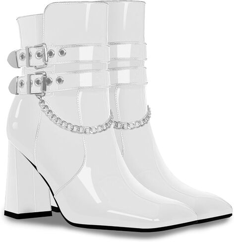 Women's Goth Chain Chunky High Heel Ankle Boots Square Toe Buckle Strap Booties in Saudi Arabia