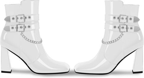 Women's Goth Chain Chunky High Heel Ankle Boots Square Toe Buckle Strap Booties in Saudi Arabia