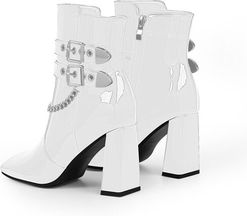 Women's Goth Chain Chunky High Heel Ankle Boots Square Toe Buckle Strap Booties in Saudi Arabia