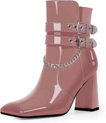 Women's Goth Chain Chunky High Heel Ankle Boots Square Toe Buckle Strap Booties in Saudi Arabia