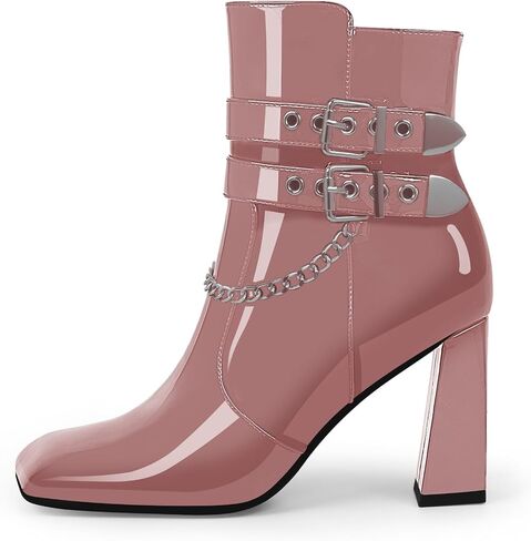 Women's Goth Chain Chunky High Heel Ankle Boots Square Toe Buckle Strap Booties in Saudi Arabia