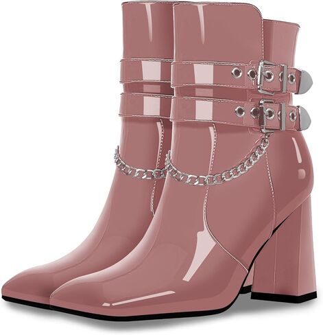 Women's Goth Chain Chunky High Heel Ankle Boots Square Toe Buckle Strap Booties in Saudi Arabia