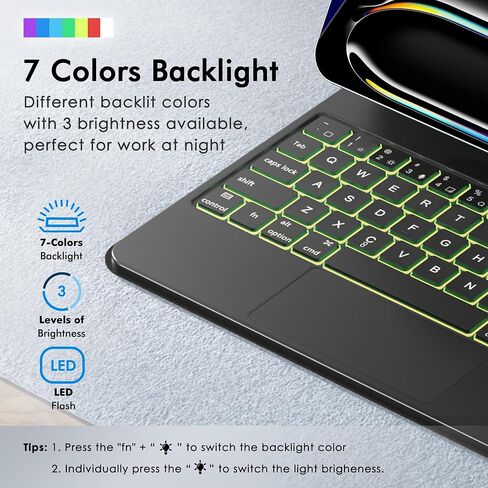 Keyboard Case for iPad Pro 11-inch M4 (2024), Wireless Bluetooth Keyboard with Premium PU Leather Cover, Easy-Set Magnetic Stand, Multi-Touch Trackpad, Full Landscape Mode, 7 Colors Backlight, Black in Saudi Arabia