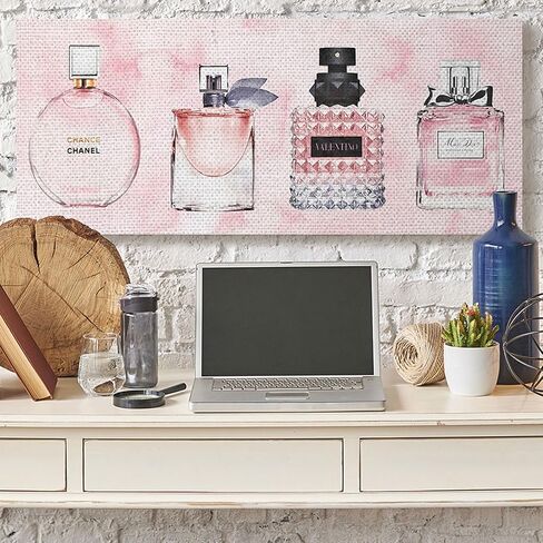 Stupell Industries Pink Fashion Fragrance Bottles Watercolor Pattern, Design by Amanda Greenwood Wall Plaque, 7x17 in Saudi Arabia