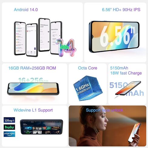 DOOGEE N55PRO هاتف خلوي غير مقفل، هاتف ذكي يعمل بنظام Android 14 مع ذاكرة وصول عشوائي سعتها 16 جيجابايت وذاكرة وصول عشوائي سعتها 256 جيجابايت، وشاشة 6.56 بوصة HD+ 90 هرتز IPS Waterdrop، ثماني النواة، 5150 مللي أمبير في الساعة، هاتف ذكي يعمل بنظام Android  in Saudi Arabia