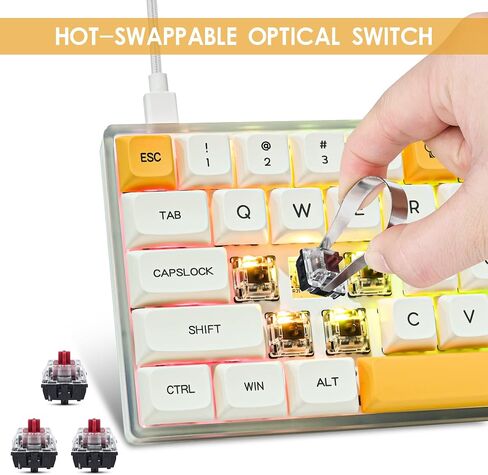 GTSP Gk61 SK61 60% Mechanical Keyboard, Custom Hot Swappable 60 Percent Gaming Keyboard with RGB Backlit, NKRO, Water-Resistant, Type-C Cable for Win/PC/Mac (Gateron Optical Yellow, Milan) in Kuwait