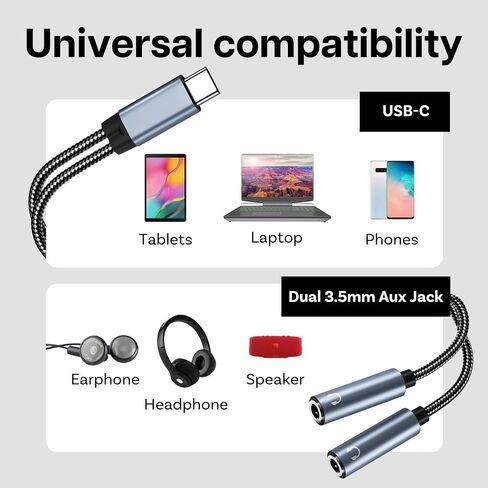 MMOBIEL USB-C Audio Adapter, 16 Bit Type-C to Dual 3.5mm Aux Y Splitter Headphone Microphone for iPhone 15, iPad, MacBook, Galaxy S24 S23 S22 S21, Pixel in Saudi Arabia
