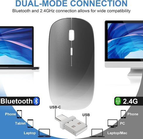 Tsmine Bluetooth Mouse Wireless, Slim Computer Mouse Dual-Mode Connection with USB Receiver Mouse Cordless Rechargeable Silent Mouse for Mac Windows Laptops Chromebook Tablets iPad(Gray) in Saudi Arabia