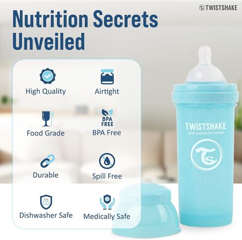 Twistshake Anti Colic Baby Bottles - Premium 260ml/8oz Bottles with 100ml Milk Storage Container for a Comfortable Feeding Experience for Baby Care - Black in Saudi Arabia