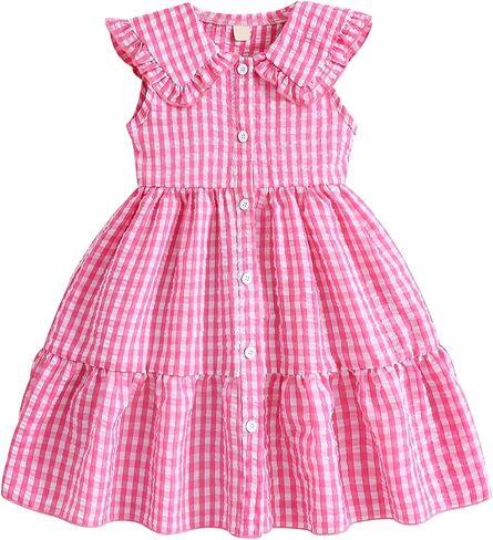 Little Girls Pink Gingham Dress Toddler Pink Plaid Summer Dresses Sleeveless Lapel Collar Casual Princess Sundress in Saudi Arabia