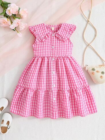 Little Girls Pink Gingham Dress Toddler Pink Plaid Summer Dresses Sleeveless Lapel Collar Casual Princess Sundress in Saudi Arabia