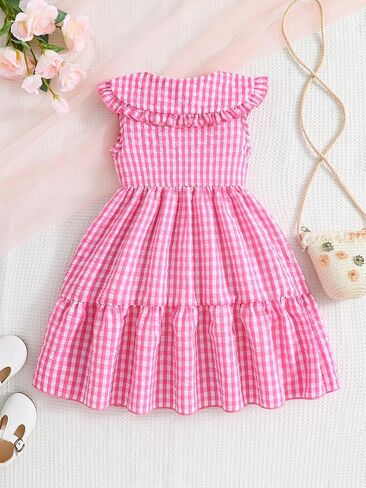 Little Girls Pink Gingham Dress Toddler Pink Plaid Summer Dresses Sleeveless Lapel Collar Casual Princess Sundress in Saudi Arabia