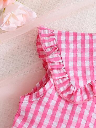 Little Girls Pink Gingham Dress Toddler Pink Plaid Summer Dresses Sleeveless Lapel Collar Casual Princess Sundress in Saudi Arabia