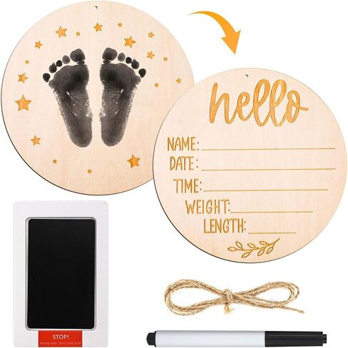 Baby Announcement Sign Plate, 5.9in Wooden Newborn Disc Board with Ink Pad for Hand & Footprints Hello Birth Plaque Gift for World New Parents Nursery Photo Prop Baby Disc Circle (Blue) in Saudi Arabia