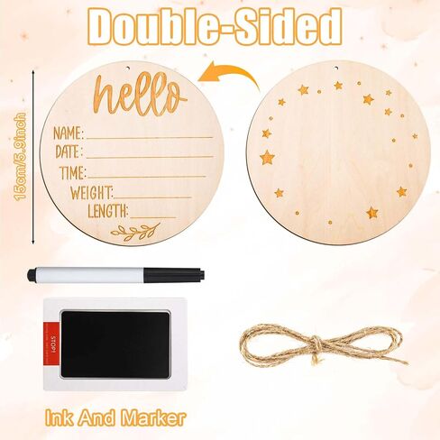 Baby Announcement Sign Plate, 5.9in Wooden Newborn Disc Board with Ink Pad for Hand & Footprints Hello Birth Plaque Gift for World New Parents Nursery Photo Prop Baby Disc Circle (Blue) in Saudi Arabia