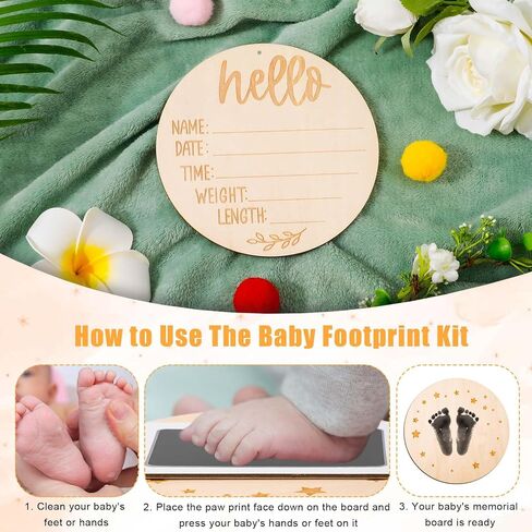 Baby Announcement Sign Plate, 5.9in Wooden Newborn Disc Board with Ink Pad for Hand & Footprints Hello Birth Plaque Gift for World New Parents Nursery Photo Prop Baby Disc Circle (Blue) in Saudi Arabia