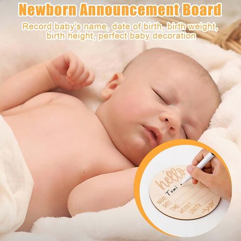 Baby Announcement Sign Plate, 5.9in Wooden Newborn Disc Board with Ink Pad for Hand & Footprints Hello Birth Plaque Gift for World New Parents Nursery Photo Prop Baby Disc Circle (Blue) in Saudi Arabia