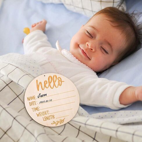 Baby Announcement Sign Plate, 5.9in Wooden Newborn Disc Board with Ink Pad for Hand & Footprints Hello Birth Plaque Gift for World New Parents Nursery Photo Prop Baby Disc Circle (Blue) in Saudi Arabia