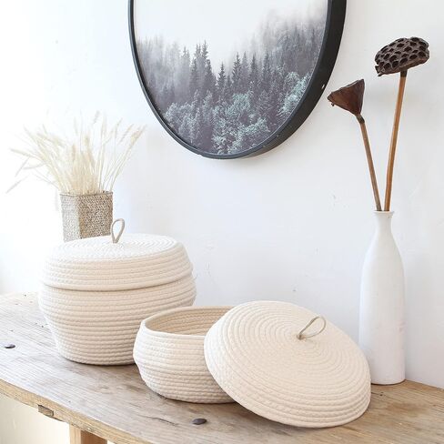 Sea Team Round Cotton Rope Storage Basket with Lid, Decorative Woven Storage Bin, Pot, Caddy, Organizer, Container for Snacks, Towels, Plants, 10 x 7.5 Inches (Small, Black) in Saudi Arabia