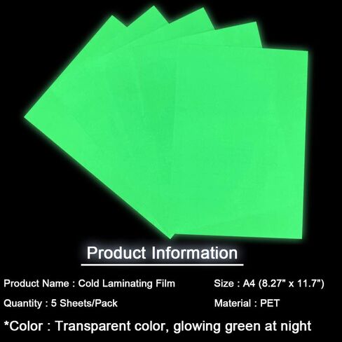 A4 8.27" x 11.7" Glow in The Dark Cold Laminating Film, PET Protective Film for Photos, Outdoor Posters, Billboards, Signs, Files, Specimen, Cards etc (5 Sheets, Green Glow) in Saudi Arabia