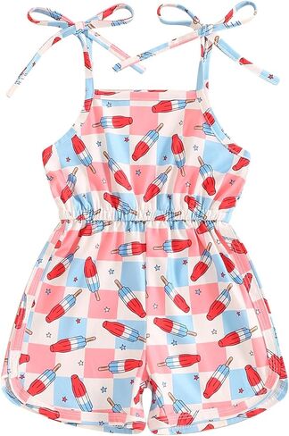 Canrulo 4th of July Toddler Baby Girl Outfit Popsicle Print Sleeveless Romper Tie-Up Spaghetti Strap Overalls Summer Clothes in Saudi Arabia