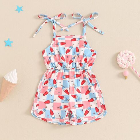 Canrulo 4th of July Toddler Baby Girl Outfit Popsicle Print Sleeveless Romper Tie-Up Spaghetti Strap Overalls Summer Clothes in Saudi Arabia