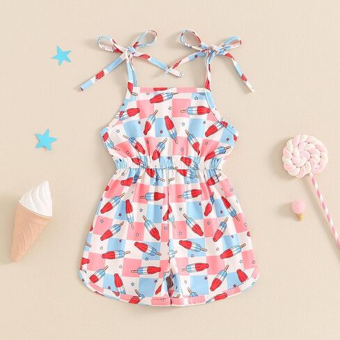 Canrulo 4th of July Toddler Baby Girl Outfit Popsicle Print Sleeveless Romper Tie-Up Spaghetti Strap Overalls Summer Clothes in Saudi Arabia