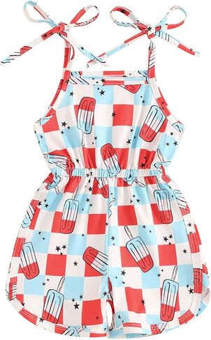 Canrulo 4th of July Toddler Baby Girl Outfit Popsicle Print Sleeveless Romper Tie-Up Spaghetti Strap Overalls Summer Clothes in Saudi Arabia