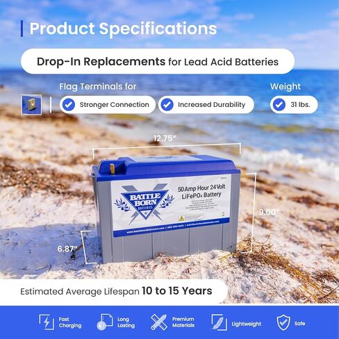 Battle Born Batteries Lithium-Ion (LiFePO4) Deep Cycle 24V Battery 50Ah – Safe & Powerful Drop-In Replacement for RV, Van, Marine, Off-Grid – Cylindrical Cells, Internal BMS in Saudi Arabia