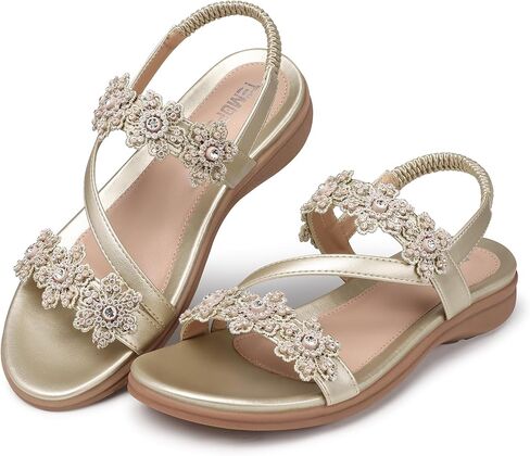 TEMOFON Sandals for Women Flat Dressy: Summer Flower Sandals with Ankle Strap Comfortable Casual Walking Flat Sandals Size 5-11 in Kuwait