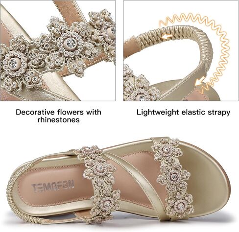 TEMOFON Sandals for Women Flat Dressy: Summer Flower Sandals with Ankle Strap Comfortable Casual Walking Flat Sandals Size 5-11 in Kuwait