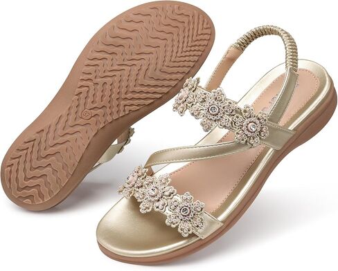 TEMOFON Sandals for Women Flat Dressy: Summer Flower Sandals with Ankle Strap Comfortable Casual Walking Flat Sandals Size 5-11 in Kuwait