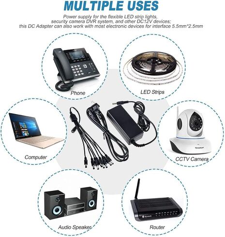 يتوهم شراء مصدر طاقة تيار مستمر 12 فولت 5 أمبير 60 وات جديد مع كابل مقسم طاقة CCTV 8 اتجاهات لكاميرات CCTV، ضوء LED Srip (قطعة واحدة) in Saudi Arabia