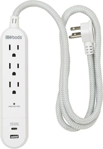 Woods 41025, 250 Joules Protection 3-Outlet 250J Surge Protector with 4' Braided Fabric Cord, Charger, White, 2.4A (2) USB in Saudi Arabia