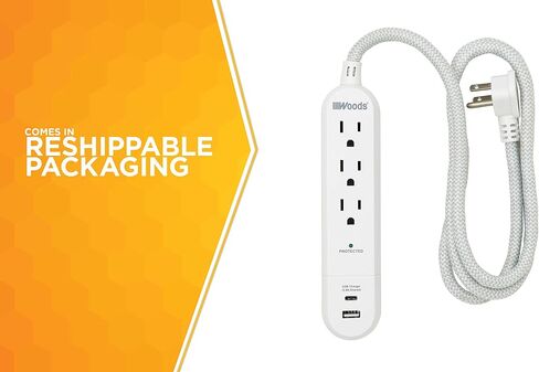 Woods 41025, 250 Joules Protection 3-Outlet 250J Surge Protector with 4' Braided Fabric Cord, Charger, White, 2.4A (2) USB in Saudi Arabia