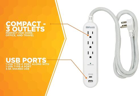 Woods 41025, 250 Joules Protection 3-Outlet 250J Surge Protector with 4' Braided Fabric Cord, Charger, White, 2.4A (2) USB in Saudi Arabia