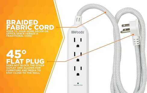 Woods 41025, 250 Joules Protection 3-Outlet 250J Surge Protector with 4' Braided Fabric Cord, Charger, White, 2.4A (2) USB in Saudi Arabia