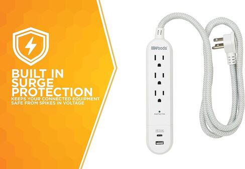 Woods 41025, 250 Joules Protection 3-Outlet 250J Surge Protector with 4' Braided Fabric Cord, Charger, White, 2.4A (2) USB in Saudi Arabia