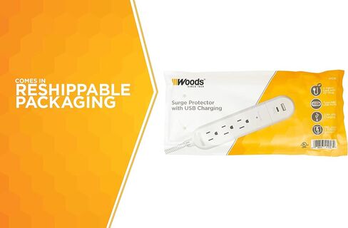 Woods 41025, 250 Joules Protection 3-Outlet 250J Surge Protector with 4' Braided Fabric Cord, Charger, White, 2.4A (2) USB in Saudi Arabia
