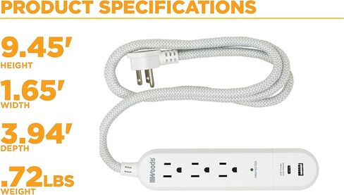 Woods 41025, 250 Joules Protection 3-Outlet 250J Surge Protector with 4' Braided Fabric Cord, Charger, White, 2.4A (2) USB in Saudi Arabia