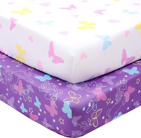 UOMNY Crib Sheet Set for Girls,Butterfly Fitted Crib Sheets Baby Sheet Set for Standard Crib and Toddler mattresses Nursery Bedding Sheet for Girls 2 Pack Pink,Purple Pattern in Saudi Arabia
