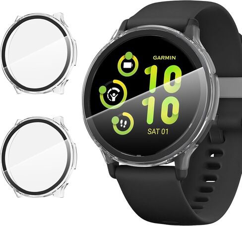 Suoman 2 Pack Screen Protector Case for Garmin vivoactive 5, All-Around Protective Hard PC Bumper Cover Tempered Glass Screen Protective for Garmin vivoactive 5 (Black+Black) in Saudi Arabia